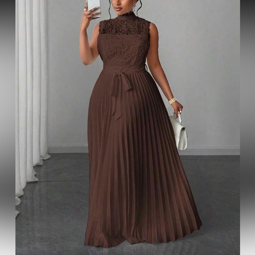 Elegant Brown Lace Evening Gown